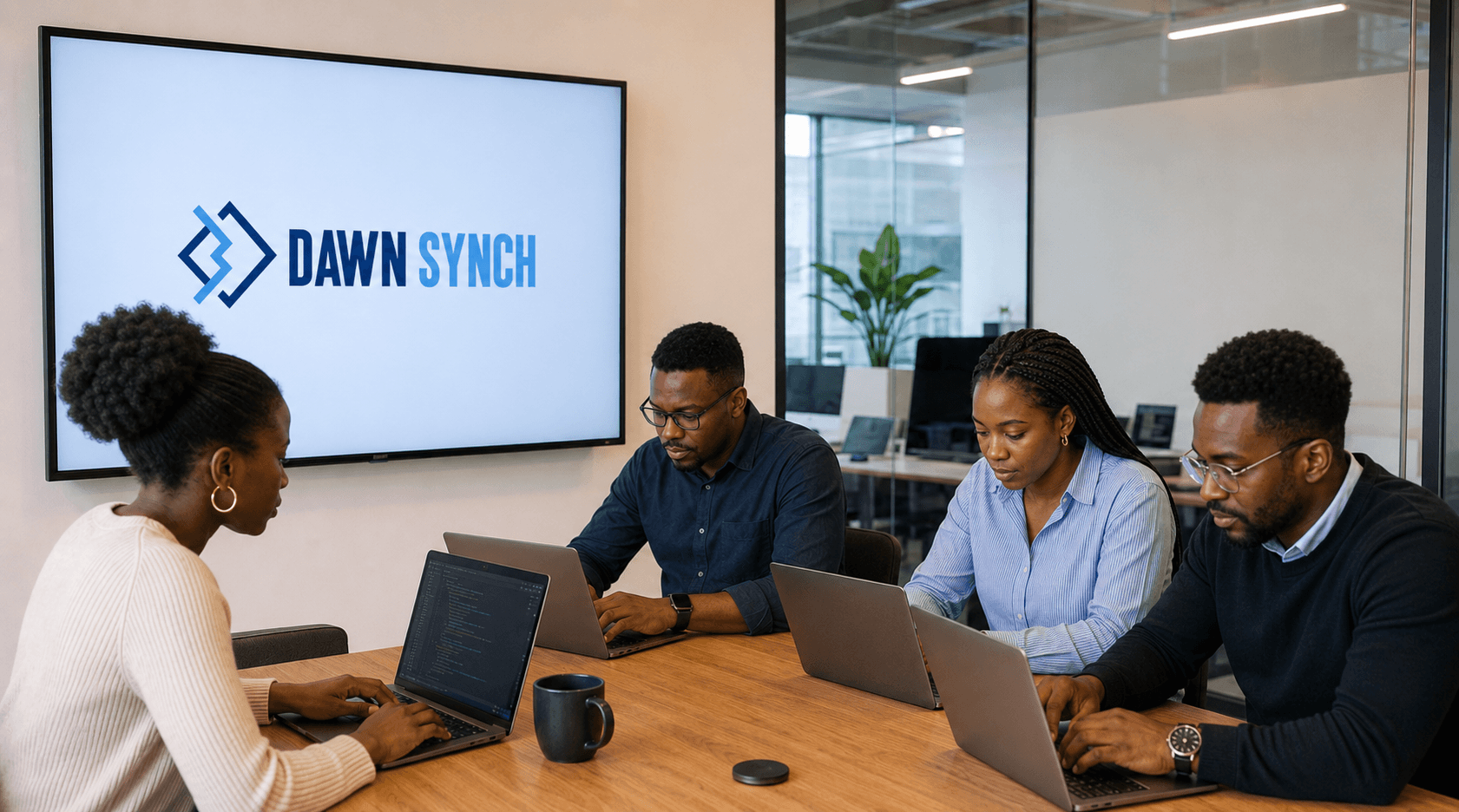 DawnSynch team collaborating around a table in a modern office.